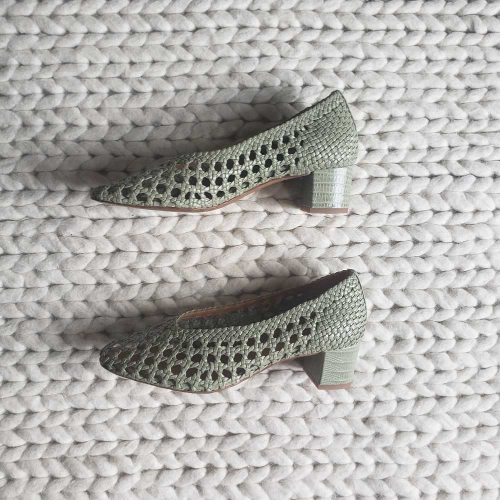 Sezane Woven Laura Court Block Heel Pumps in Sage Green - Picture 6 of 17